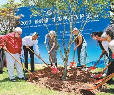 6月，2023“鼓岭缘”中美民间友好论坛在福建省福州市举办。图为出席“鼓岭之友”座谈会的中美各界人士在鼓岭共同植树留念。