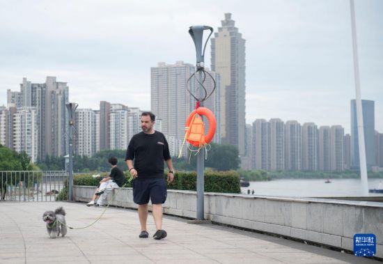 7月20日，在安徽芜湖市，马丁在长江边遛狗。新华社记者 傅天 摄