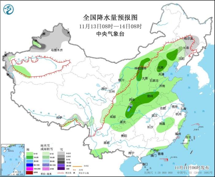 全国降水量预报图(11月13日08时-14日08时)图片来源：中央气象台网站